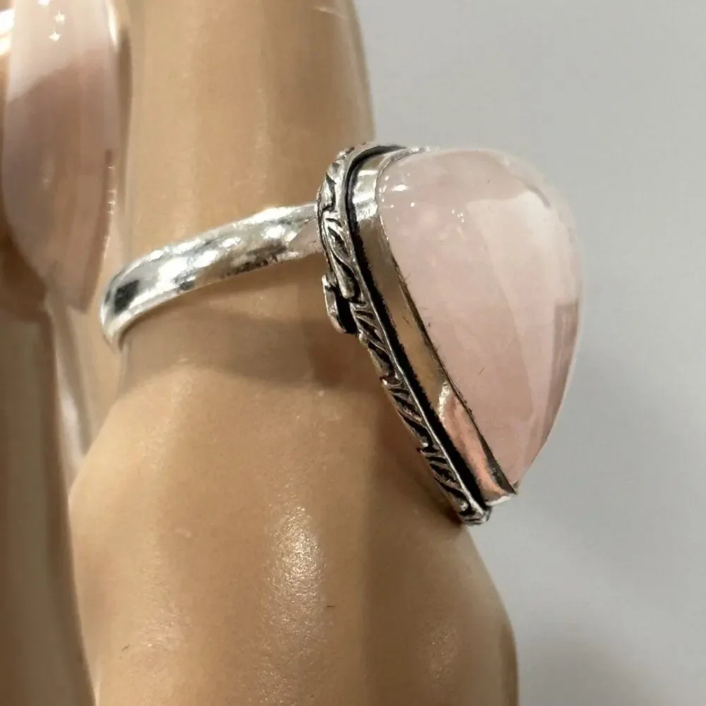 triangle rose quartz gemstone ring adjustable‎ handmade silver 925 plated - Picture 3 of 3